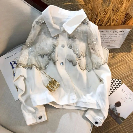 Mesh Sequined Denim Jacket for Women, Loose Coat and Stylish Top Trend for Spring 2025