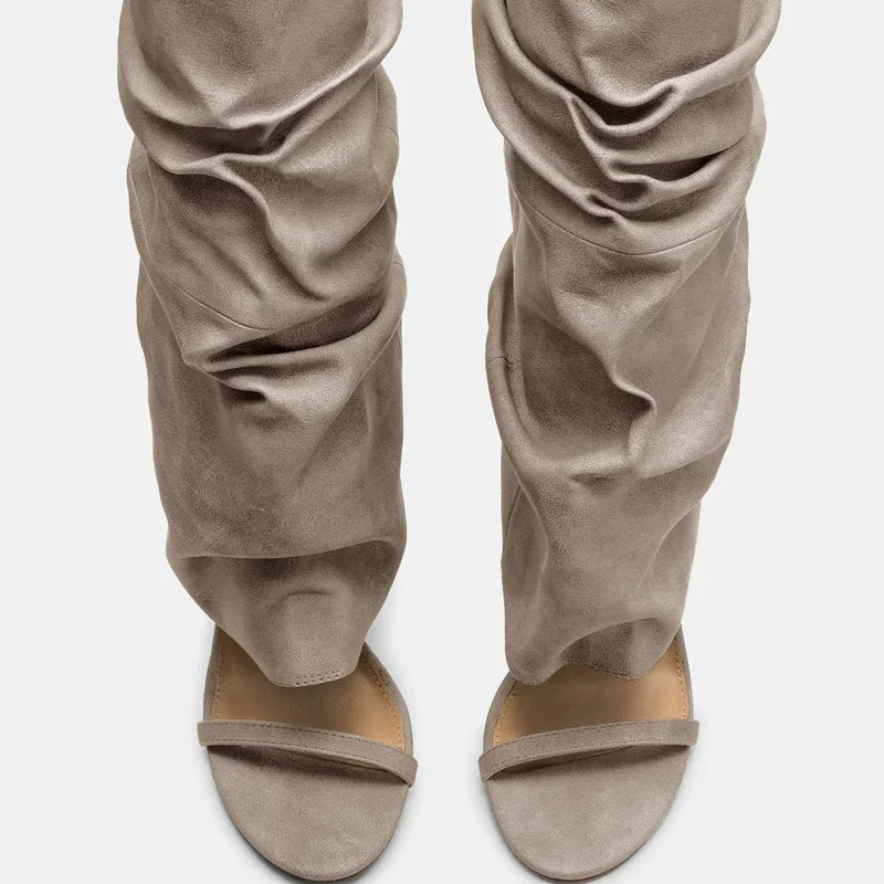 Pointed Toe Knee High Thin Heel Leather Boots for Women