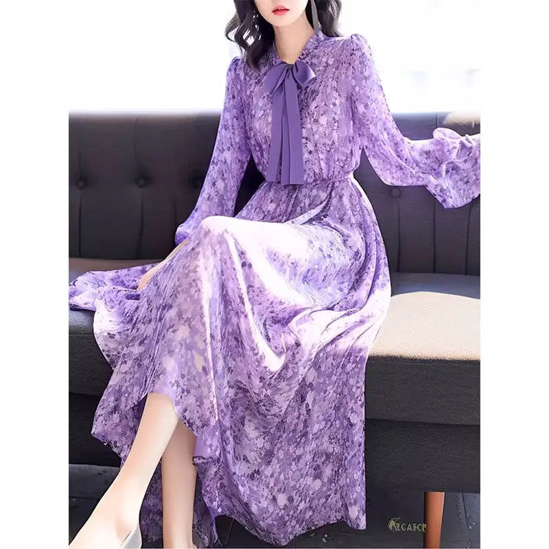 Floral Chiffon Bow Long Sleeve Dress