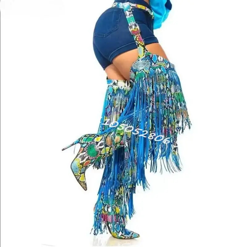 Fringe Belted Suede Over the Knee Boots with Pointed Toe and Thin Heel for Women