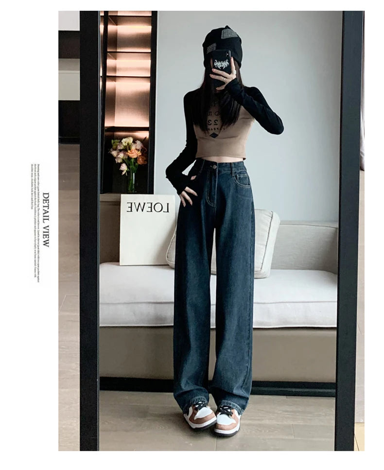 High Waist Casual Wide Leg Straight Jeans for Women