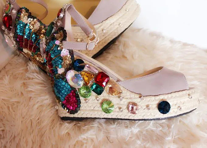 Butterfly Rhinestone Embellished Rope Braided Wedge Sandals Peep Toe for Women