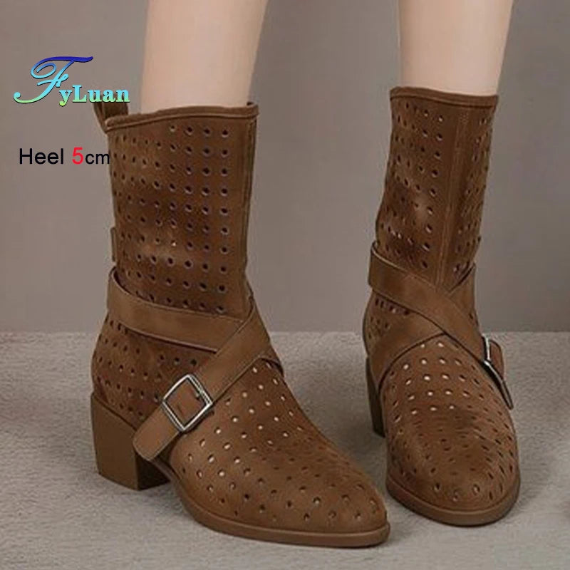 Brown Suede Western Cowboy Boots With Belt Buckle And Pointed Toe for Women