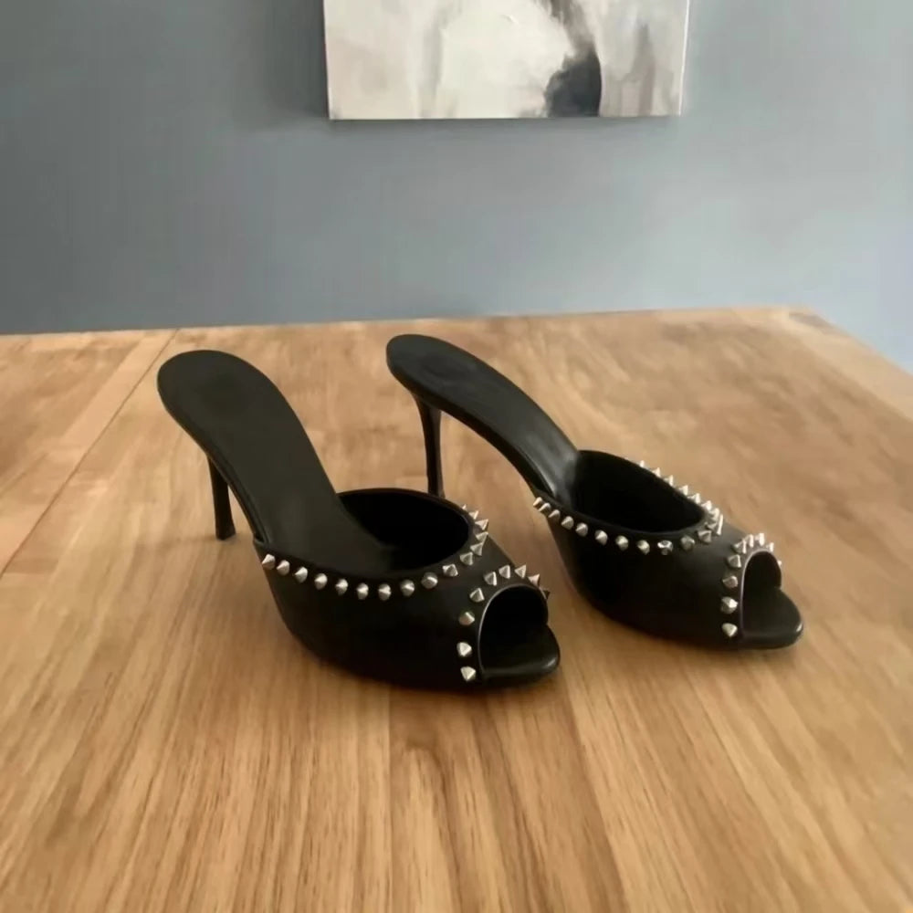 Black Studded Leather Slingback Sandals