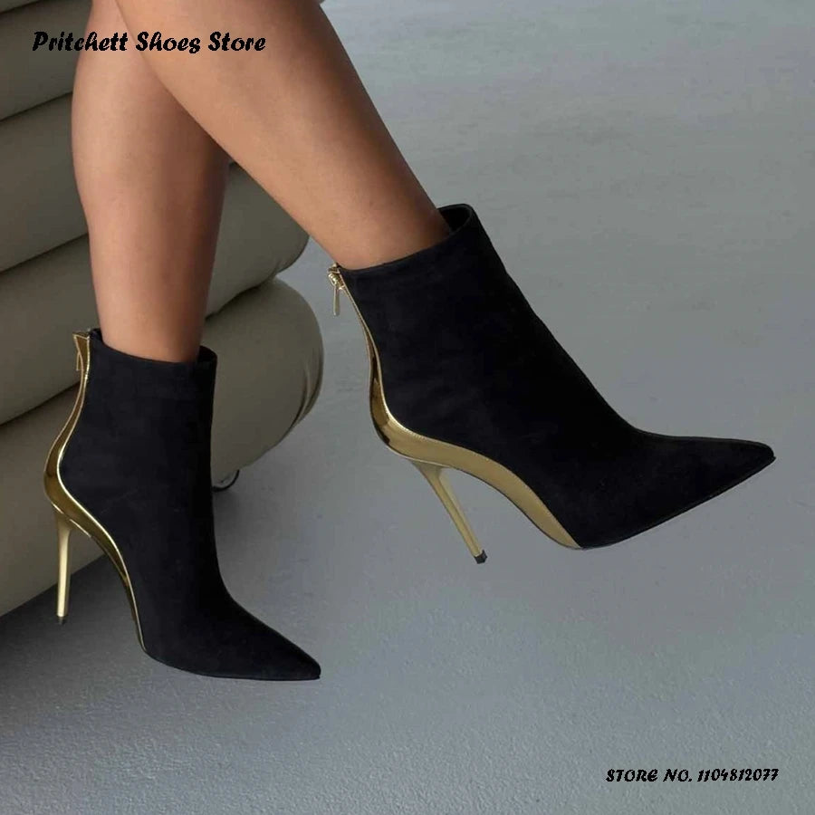 Patchwork Leather Trimmed Pointed Toe Ankle Boots for Women