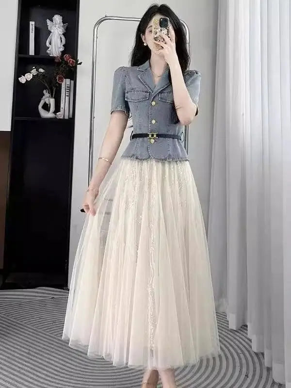 Slim Waist Denim Jacket and Mesh Skirt Two Piece Set for Women