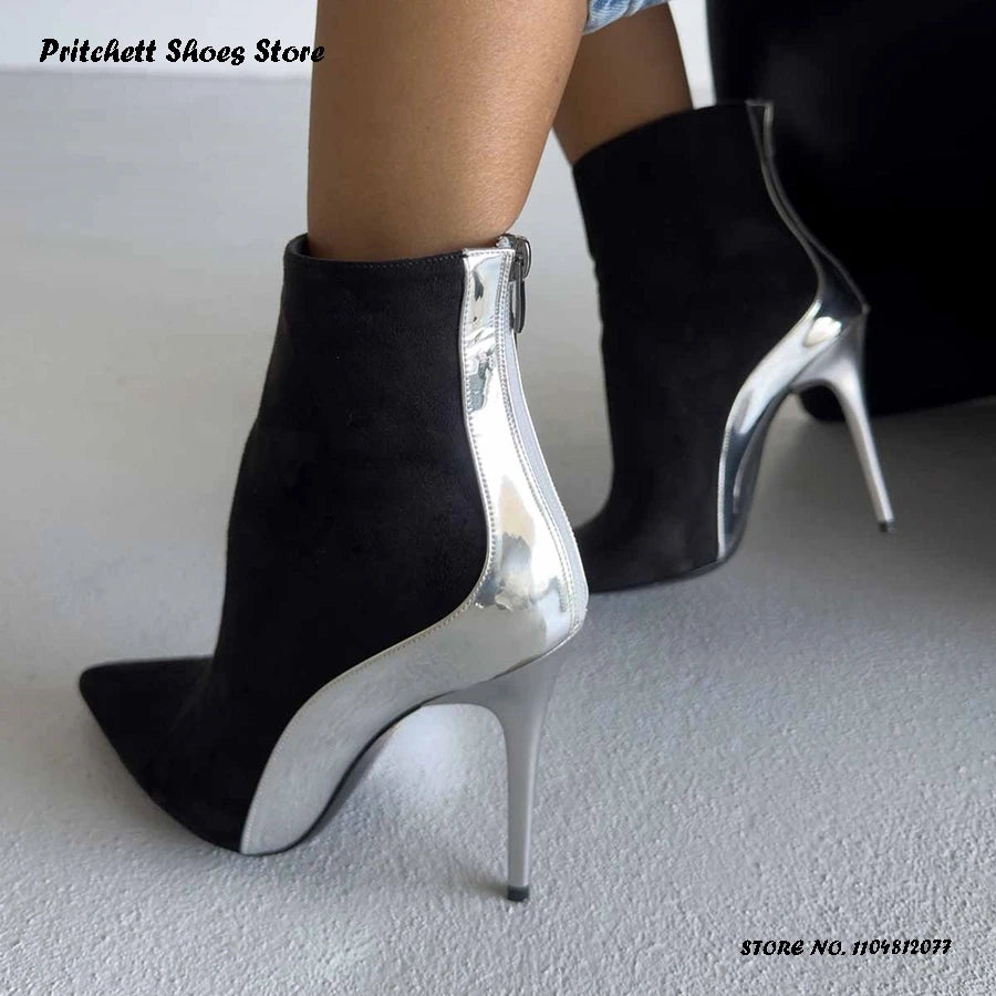 Patchwork Leather Trimmed Pointed Toe Ankle Boots for Women