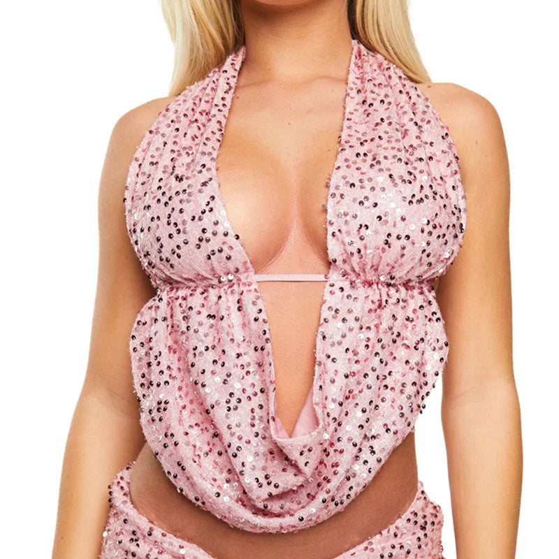 Glittery Sequin Halter Crop Top and Shorts Set for Women