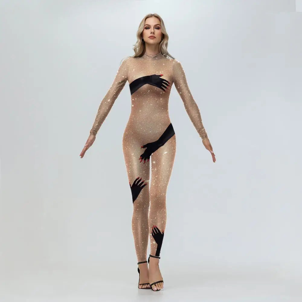Elegant Skin Color Rhinestone Print Jumpsuit for Women
