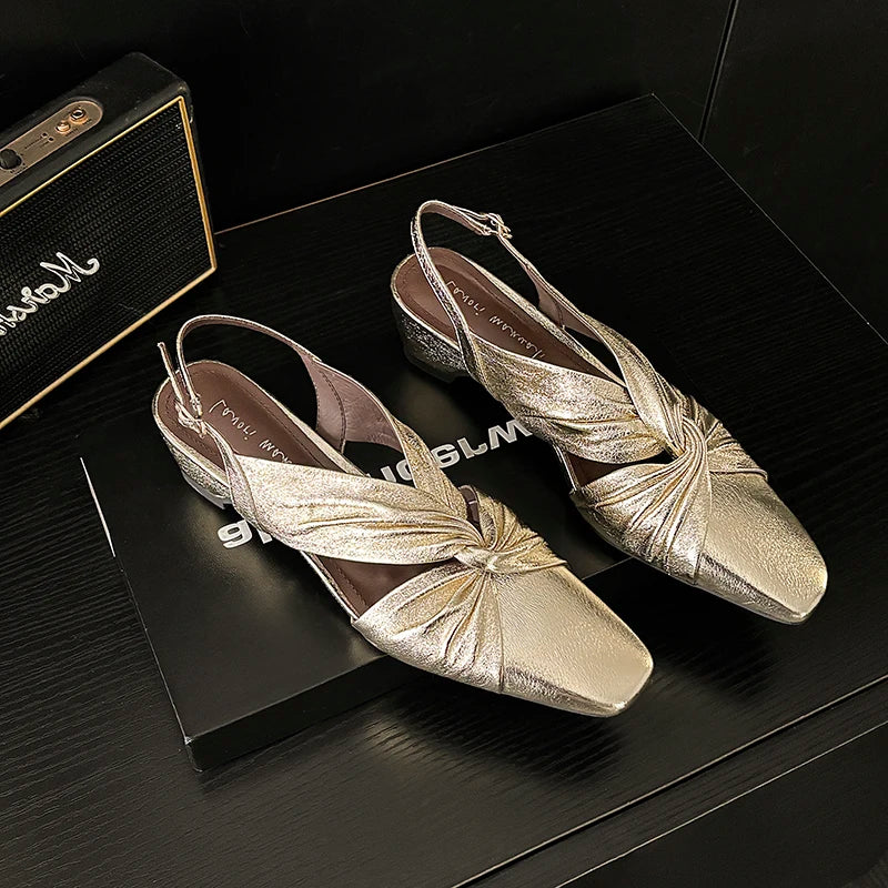 Handmade Real Leather Bowtie Square Heel Slingback Sandals for Women