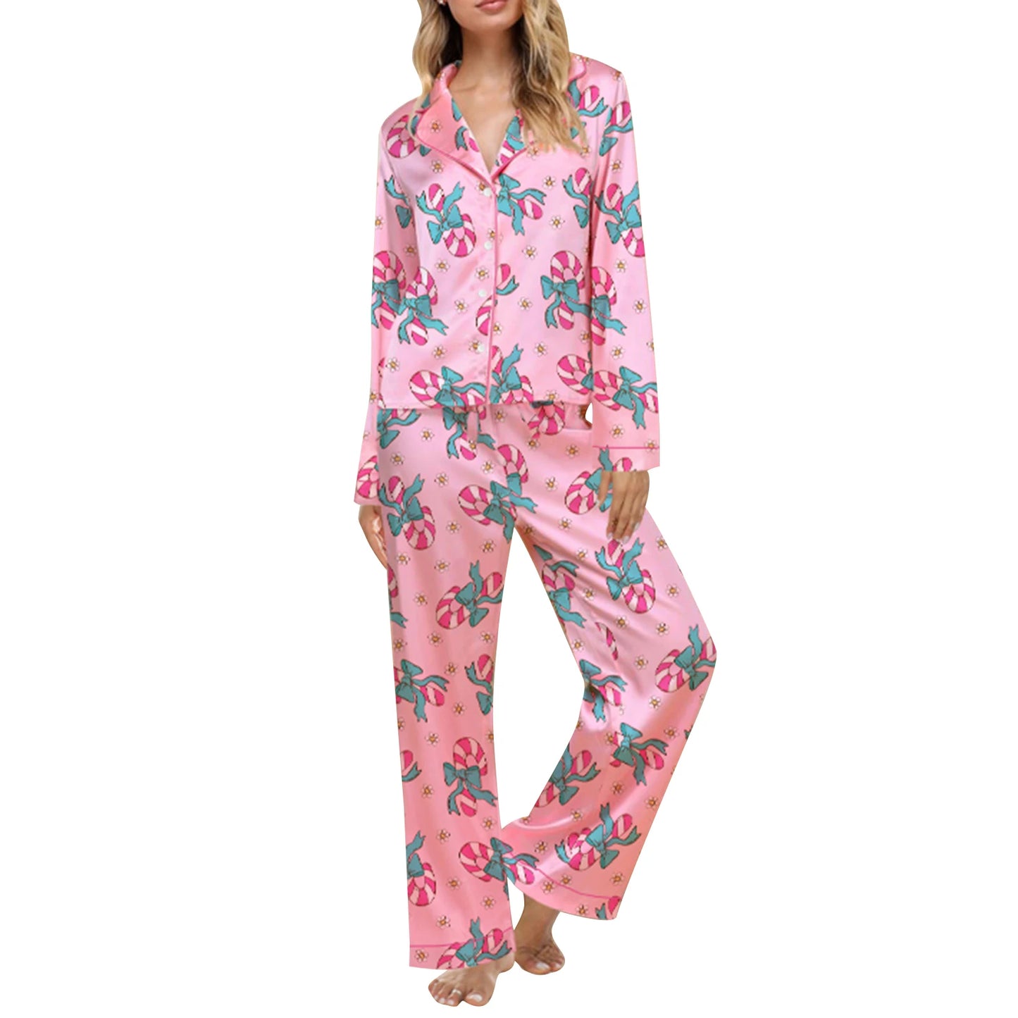 Women'S Autumn  Winter Clothing Christmas Elements Cute Bow Print Long Sleeved Shirt  Elastic Pants 2PCS Street Wear Home Wear
