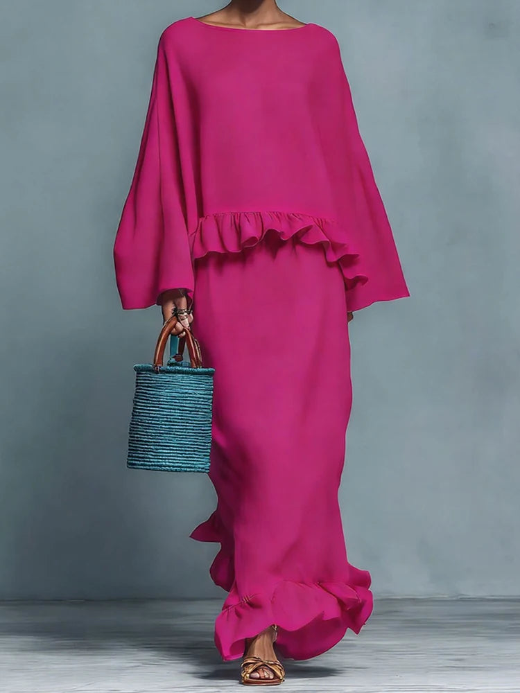 O Neck Long Sleeve Two Piece Maxi Skirt Set for Women