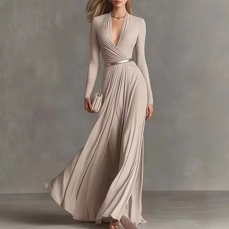 Deep V Neck Ruched Waist Long Sleeve Maxi Dress for Women