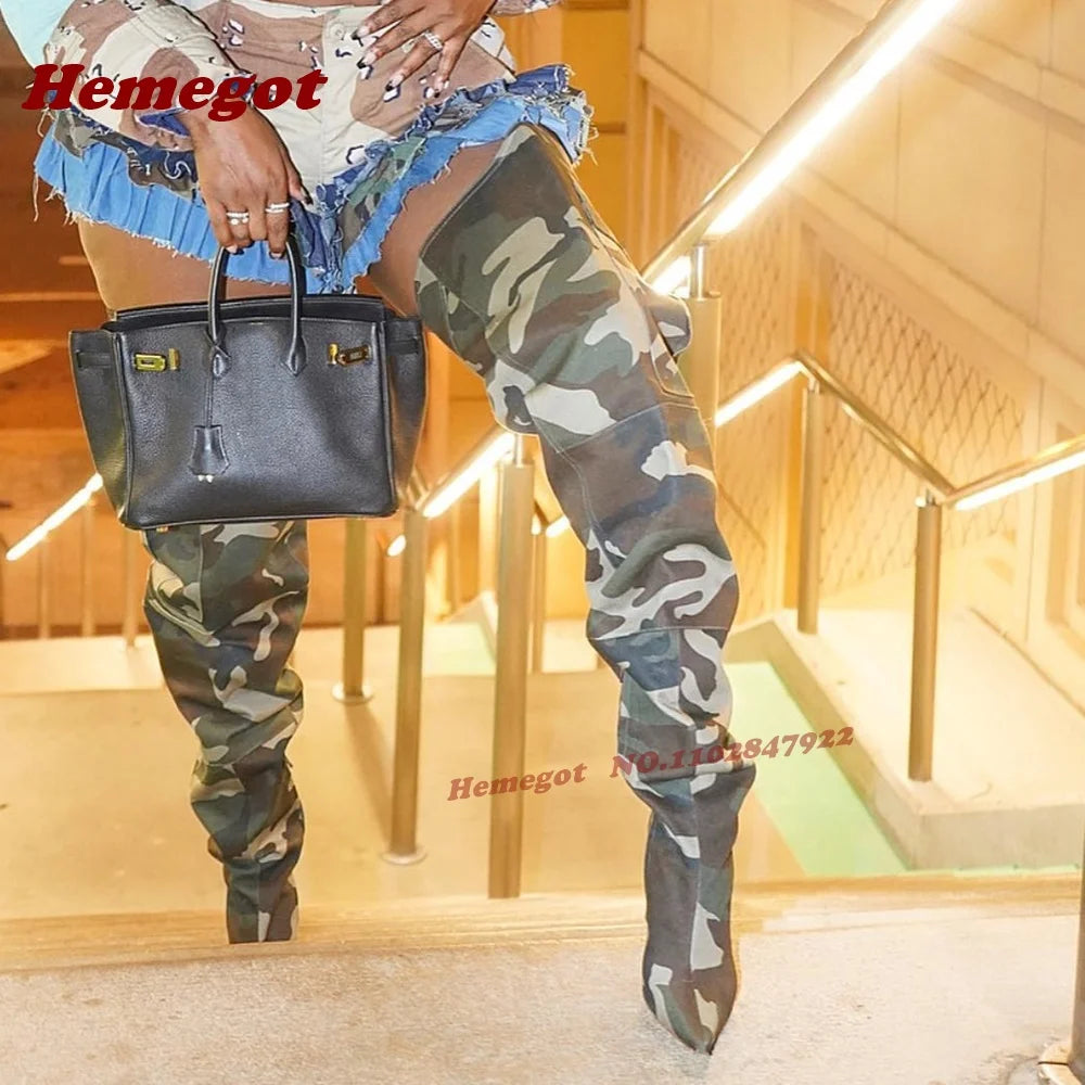 Camouflage Pocket Decor Pointy Toe Over The Knee Boots for Women