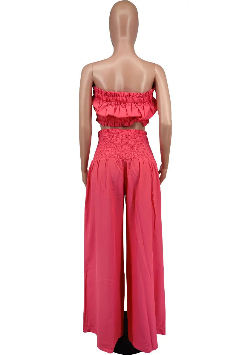 Lace Up Strapless Top Two Piece Pants Set for Women