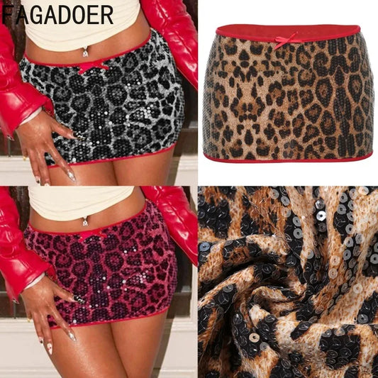 FAGADOER Y2K Sexy Sequin Leopard Print Skirts Women Bows Patchwork High Waist Super-short Skinny Hip Skirts Hot Girl Bottoms
