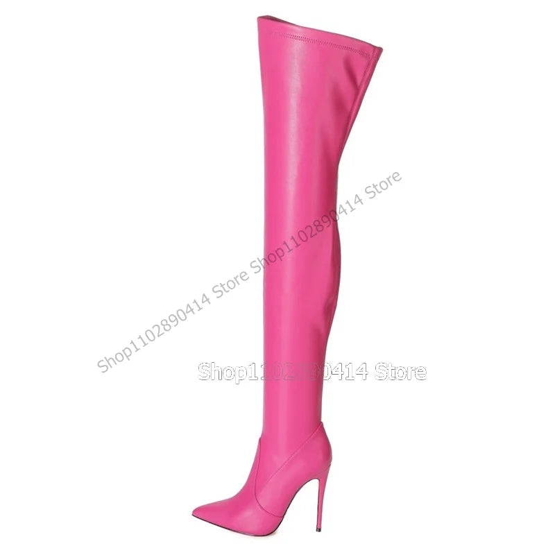 Rose Red Pointed Toe Side Zipper Thigh High Heel Boots for Women