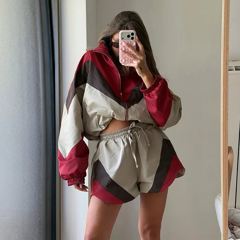Contrast Color Zip Jacket and Shorts Two Piece Set for Women