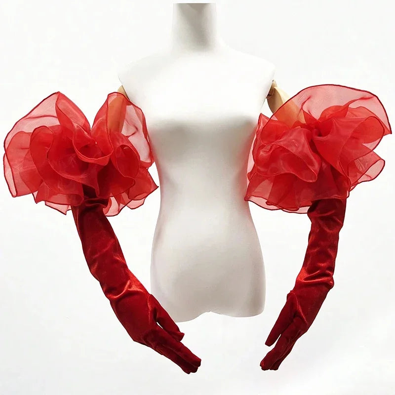 Elegant Velvet Elbow Length Ruffle Gloves for Women