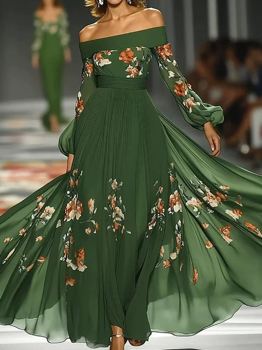 Slash Neck Holiday Patchwork Party Dress, Women Spring Autumn Long Lantern Sleeve Maxi Dress, Print Elegant Simple Ladies Dress