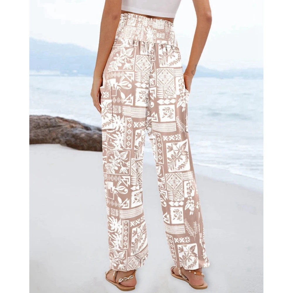 Women's High Waist Floral Print Pocket Cuffed Pants – Casual Sporty Streetwear Trousers with Shirring Elastic Waist