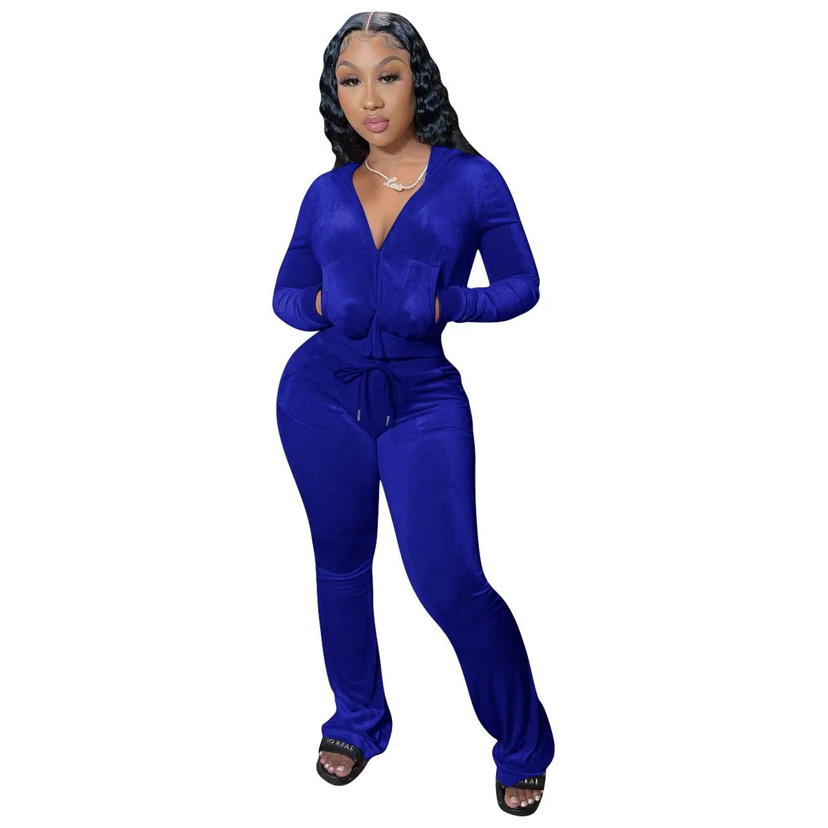 Hooded Zip Top And High Waist Pants Outfit Set for Women
