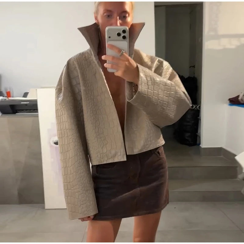 Slim Fit Single Breasted Faux Leather Jacket for Women