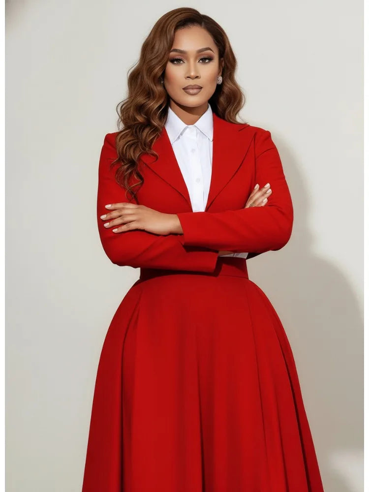 Classic Solid Red Cropped Blazer With Long Sleeves For Women