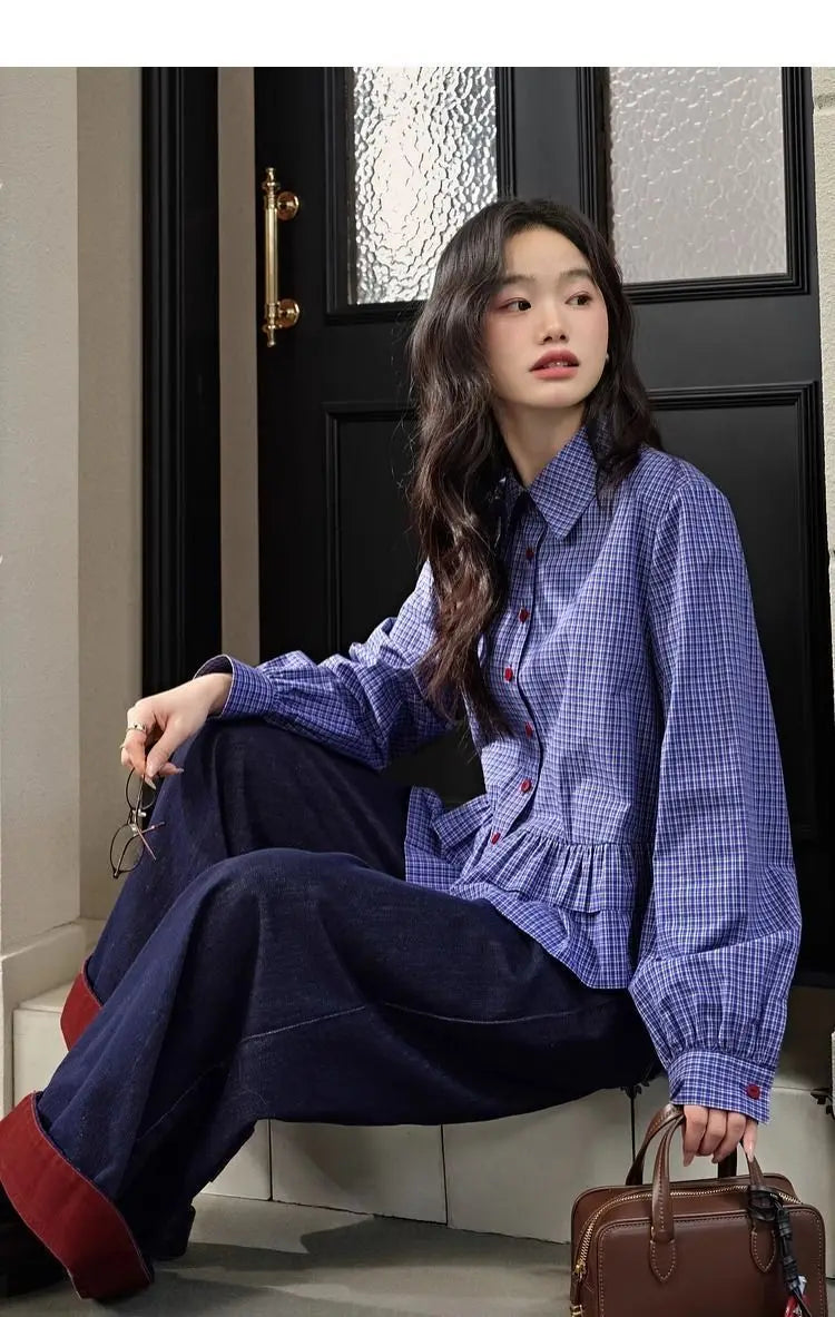 Blue Checkered Ruffle Trim Blouse With Turn Down Collar for Women