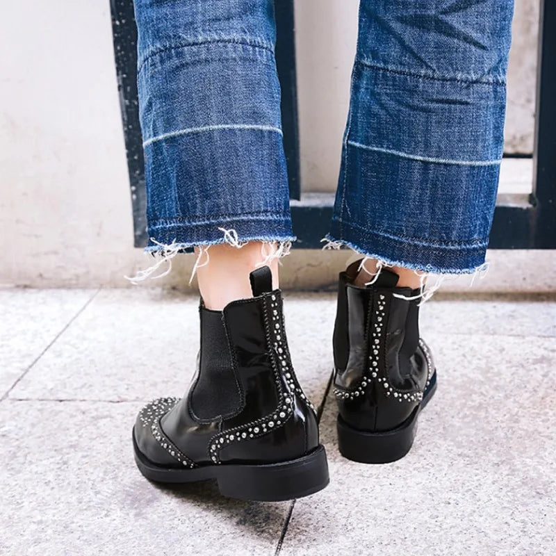 Rivet Patent Leather Slip On Ankle Boots for Women