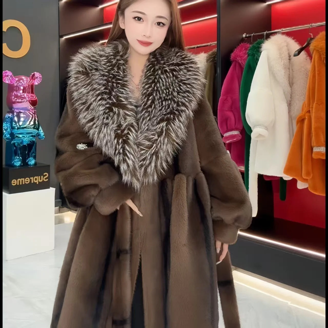 Faux Fur Coat for Women,Turn-down Collar,Loose Thicken Warm Jacket,Female Clothes,Adjustable Waist,New ,Winter