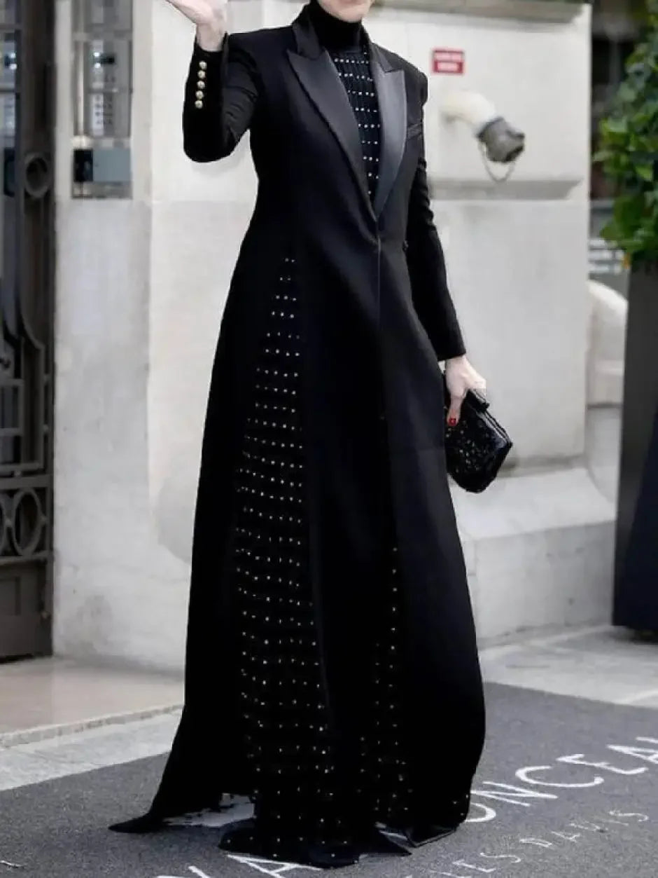 Bonboho 2026 Women's Elegant Blazer Jacket Solid Black Slim Long Sleeve Extra-Long Splited Blazer Coat Female Formal Outerwear