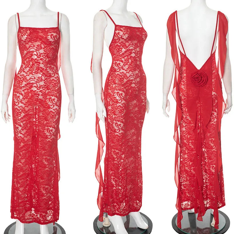 Elegant Floral Lace Backless Tassel Dress for Women