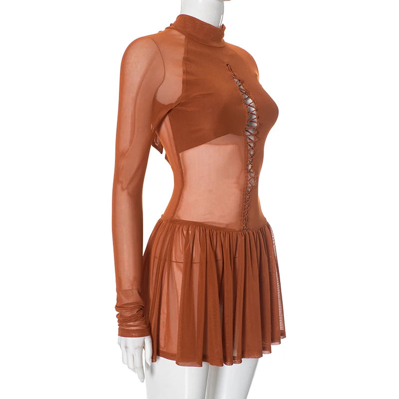 Mesh Patchwork Pleated Bodycon Mini Dress for Women