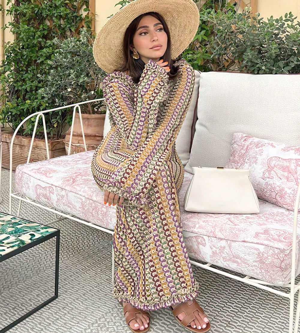 Sexy Backless Flare Sleeve Lace Knit Cut Out Party Beach Maxi Dress 2025 Summer Women Vacation Beachwear Swimsuit Cover Up A2815