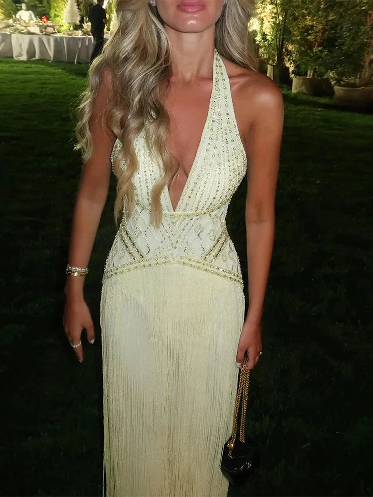 Women Sexy Backless Hollow Sequin Gowns 2026 Elegant Halter Sleeveless Long Dress Fashion Tassel Splicing Waist Slim Party Dress