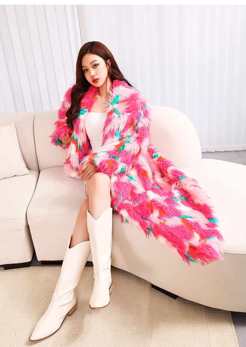 Colorful Plush Oversized Faux Fur Maxi Coat for Women