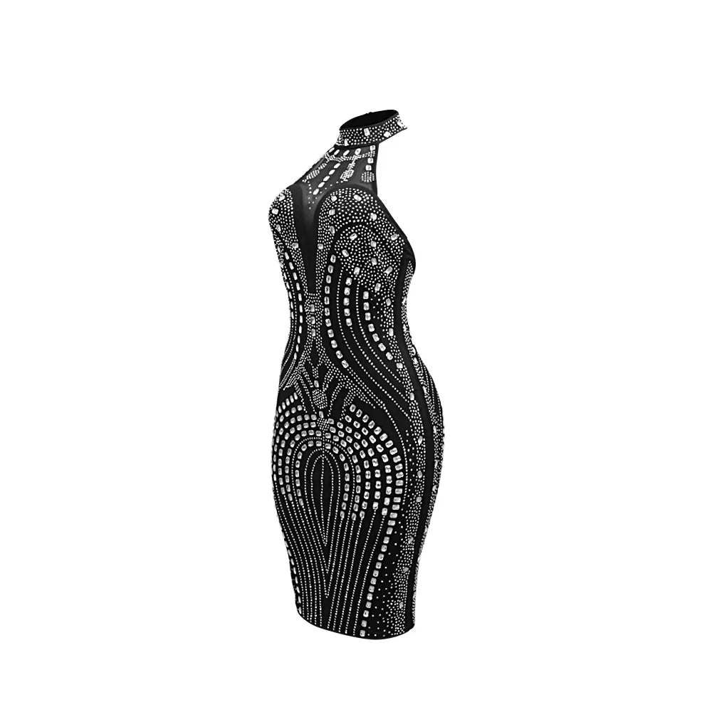 Rhinestone Embellished Sleeveless Bodycon Midi Dress for Women