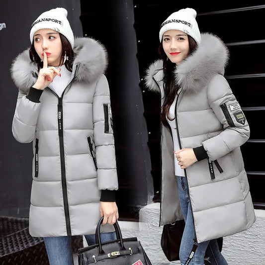 Women Parkas Hooded Long Sleeve Fur Collar Solid Thick Midi Parka Zipper Pockets Casual Warm Coat Outerwear Winter 2024