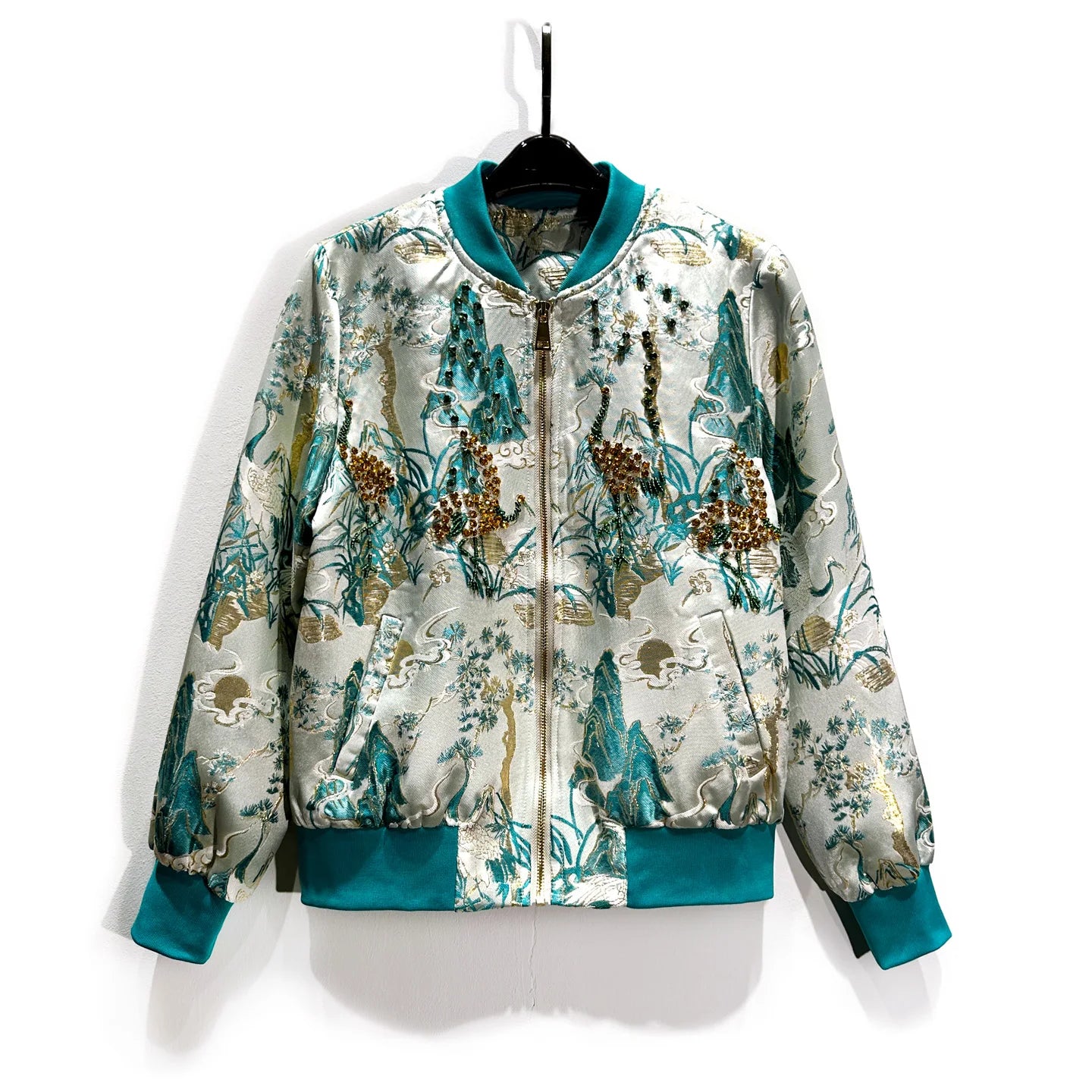 High-End Retro Baseball Jacket Women Short Coat Autumn New Heavy Beading Gold Stamping Jacquard Long Sleeve Elegant Jacket Top
