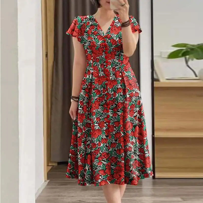 Floral V-Neck Ruffle Sleeve Midi Dress