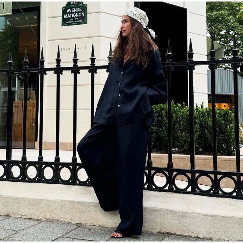 Casual Solid + Shirt and Wide Leg Pants Set + for Women