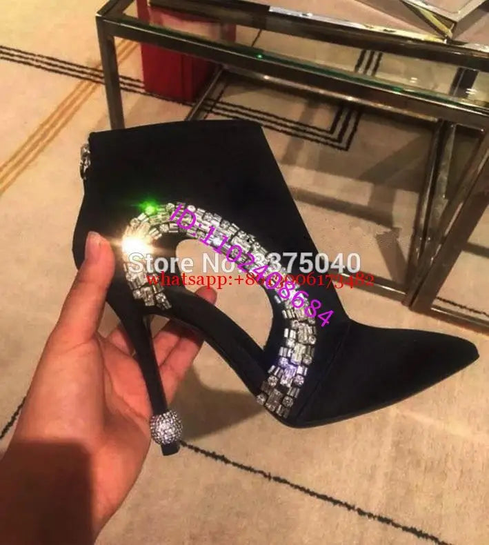 New Black Pointed Toe Women Ankle Boots Hollow Out Rhinestone Summer Boots High Heels Crystal Pointed Toe Black Women Boots