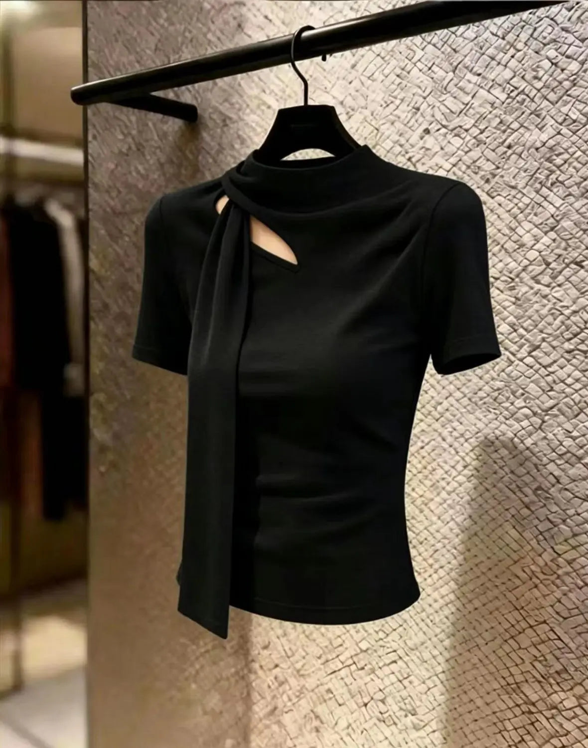 Elegant Hollow Out Slim Fit Short Sleeve Tee For Women