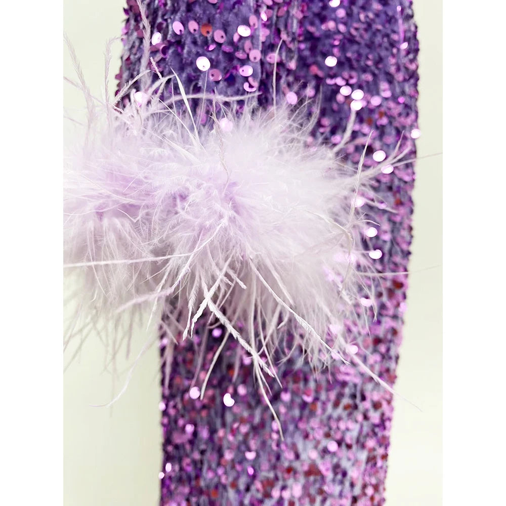 Women's Dress Elegant Celebrity Party Sequin Cuff Feather Retro Slim Long-Sleeve Long Dress Fashion Evening Party Dress