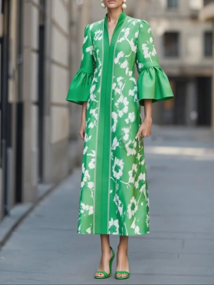 Gymystars Elegant Party Dresses V-Neck Maxi Dresses for Women Fashion Flared Sleeves Flower Print Casual Vacation Green Dresses