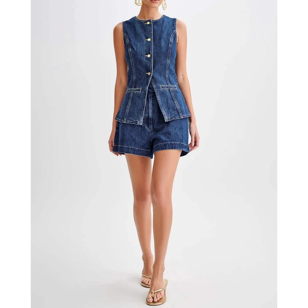 Sleeveless Buttoned Back Slit Top and Denim Shorts Set Two Pieces Summer Slim Fit Outfits