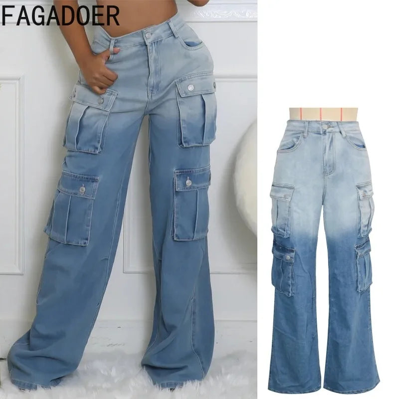 FAGADOER Fashion Gradient Denim Wide Leg Pants Women Summer New Cargo Pocket Patchwork Pants Female Streetwear Bottoms 2025