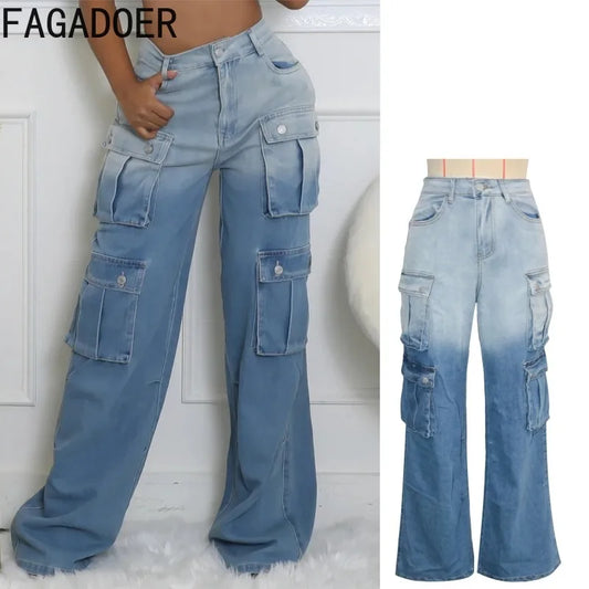 FAGADOER Fashion Gradient Denim Wide Leg Pants Women Summer New Cargo Pocket Patchwork Pants Female Streetwear Bottoms 2025