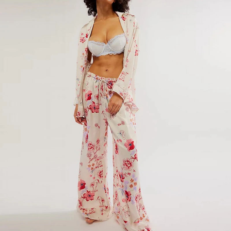 Casual Print Blouse and Wide Leg Pants Set for Women